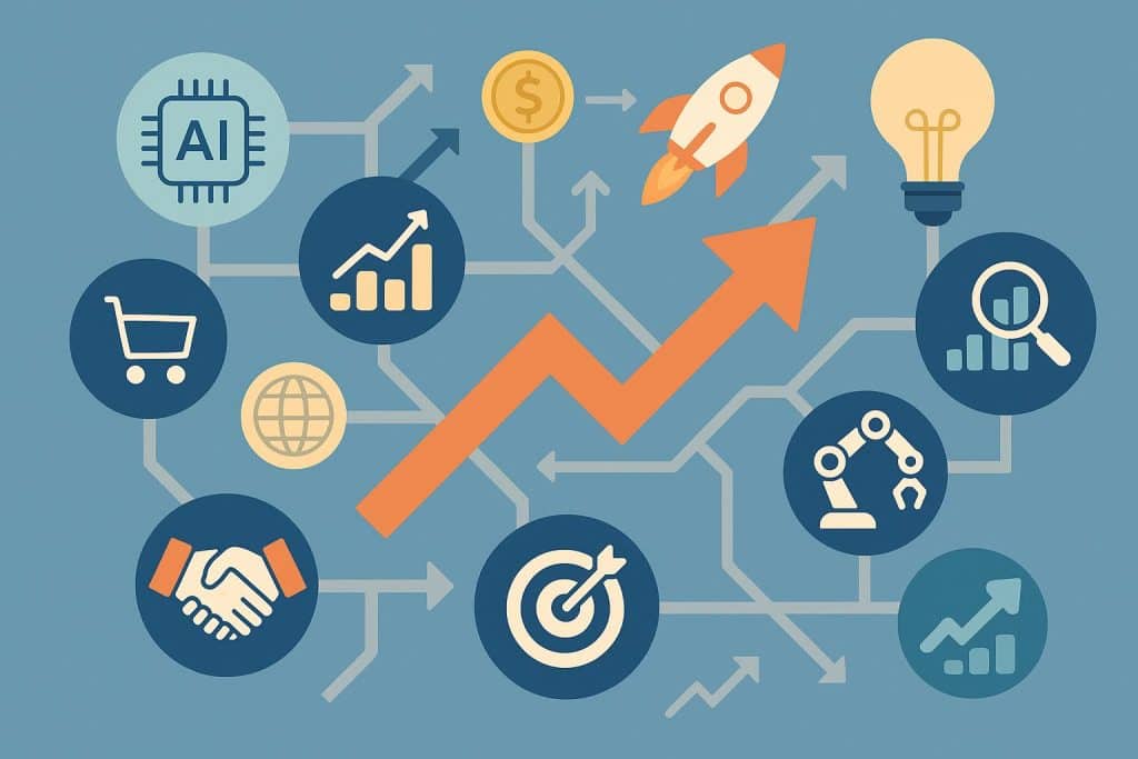 Modern digital business icons and futuristic technology graphics illustrating upcoming business trends