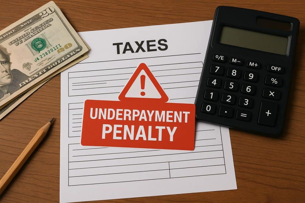 IRS tax form with calculator and pen illustrating underpayment penalty concerns