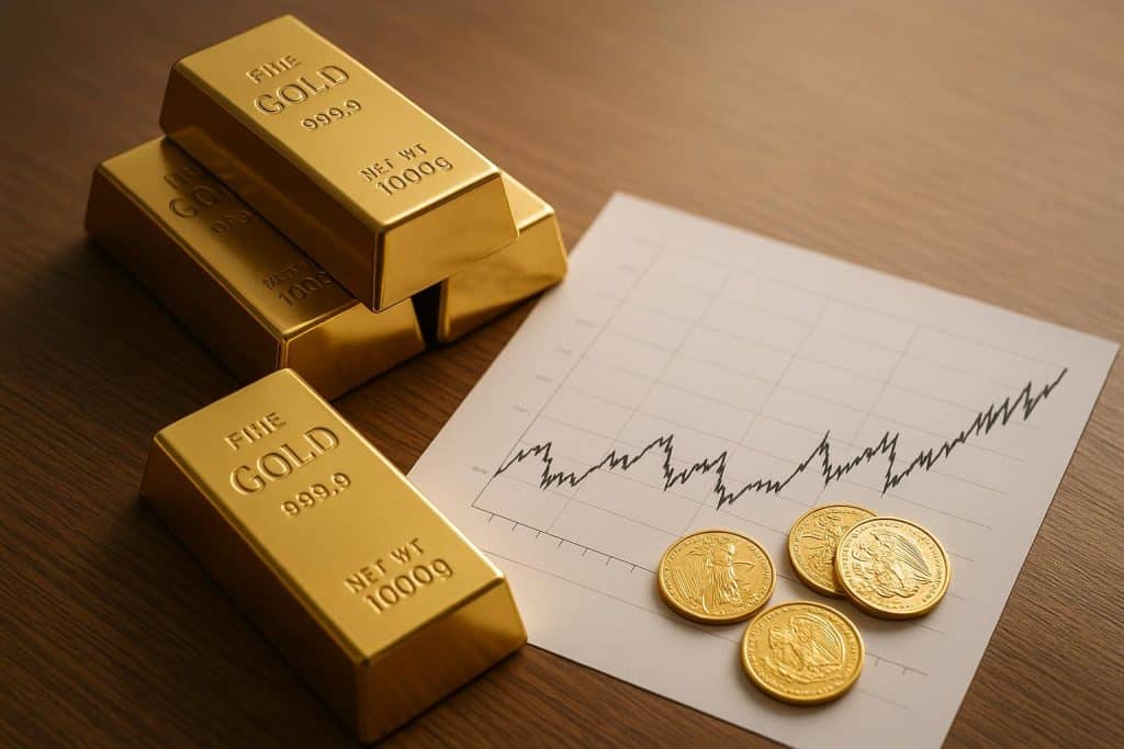 Various gold bars and coins representing different gold investment company options