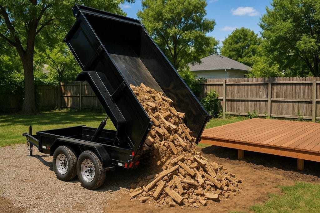 Dump Trailers Transform Backyard Builds Dump trailer hauling construction materials for backyard renovation project