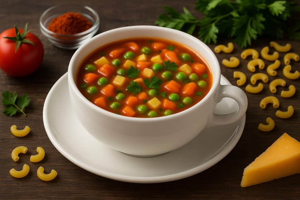 Bowl of steaming vegetable soup garnished with herbs on a rustic wooden table