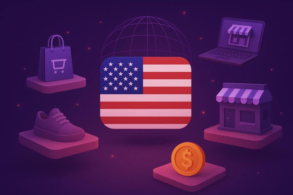 American brand logos thriving in a digital marketplace representing virtual economy success