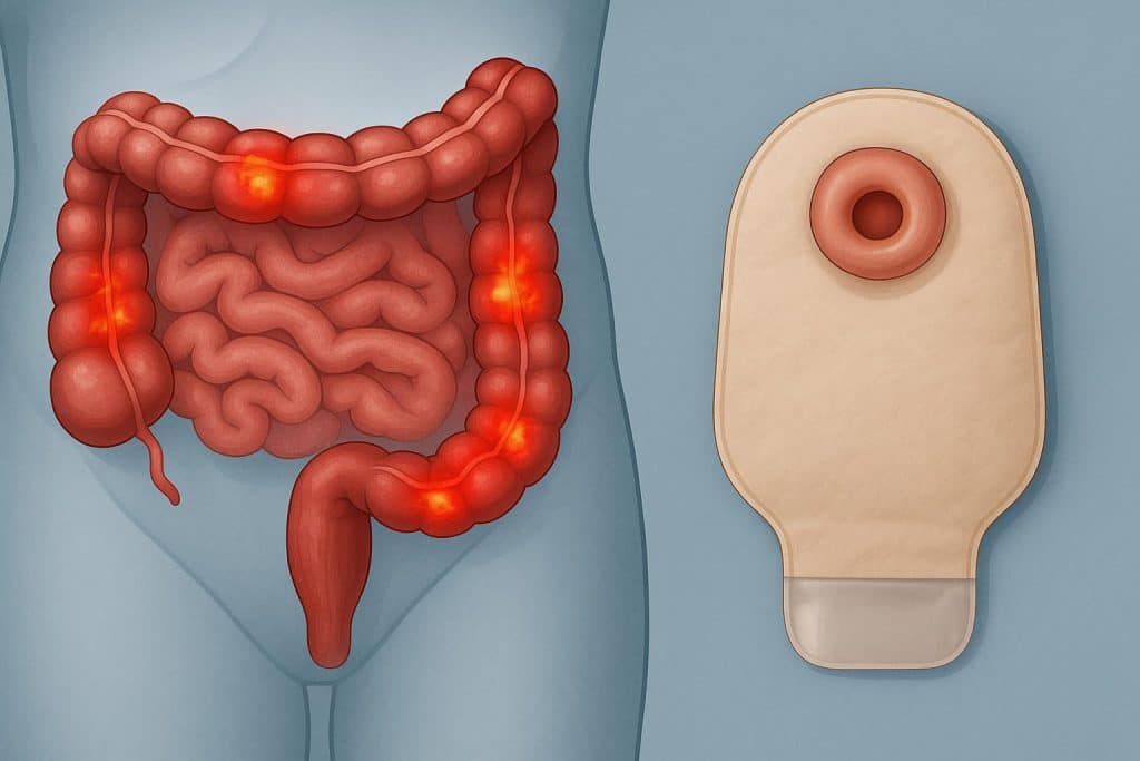 Medical illustration showing inflamed intestines as a cause for ostomy creation procedures