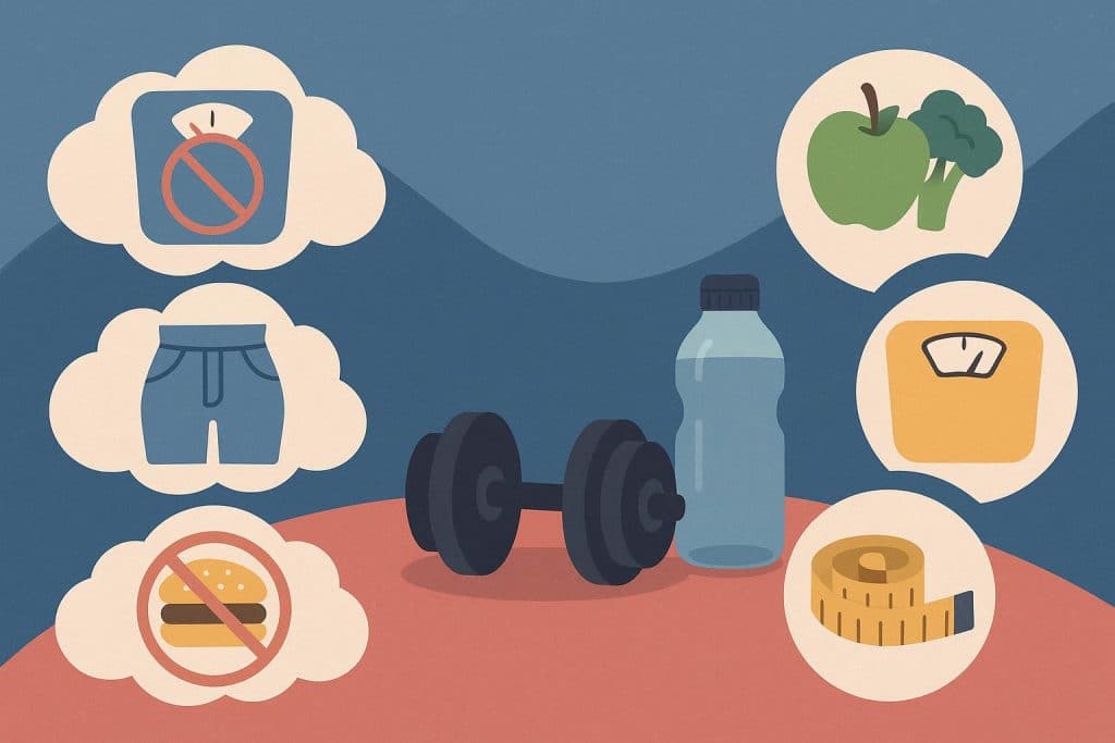 Scales, measuring tape, and healthy foods illustrating weight loss myths and facts