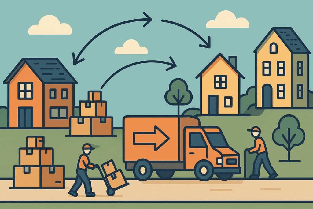 Fleet of moving trucks and packed boxes organized for multiple property relocations