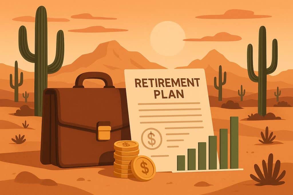 Saguaro cactus landscape with a calculator and documents, symbolizing Arizona retirement planning