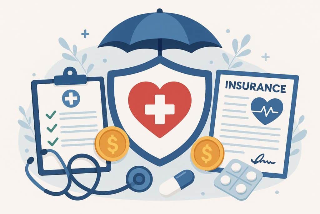 Health and life insurance concept with policy documents, stethoscope, and family cutout figures