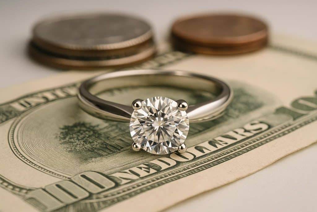 Diamond engagement ring in velvet box, symbolizing budgeting and purchasing guide for couples