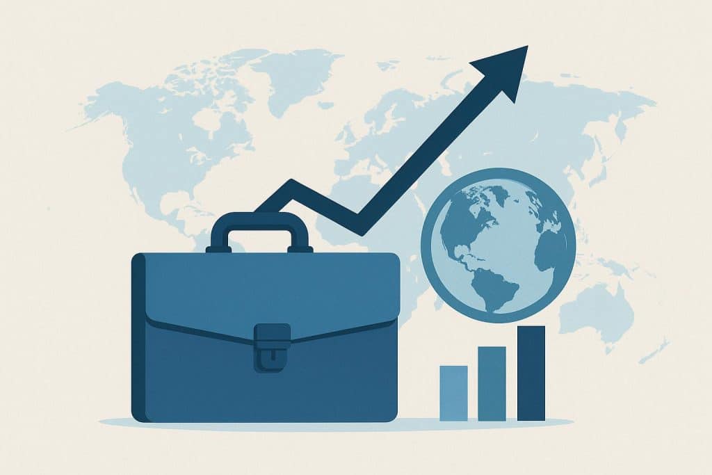 Global business expansion concept with world map, shipping container, and upward growth chart