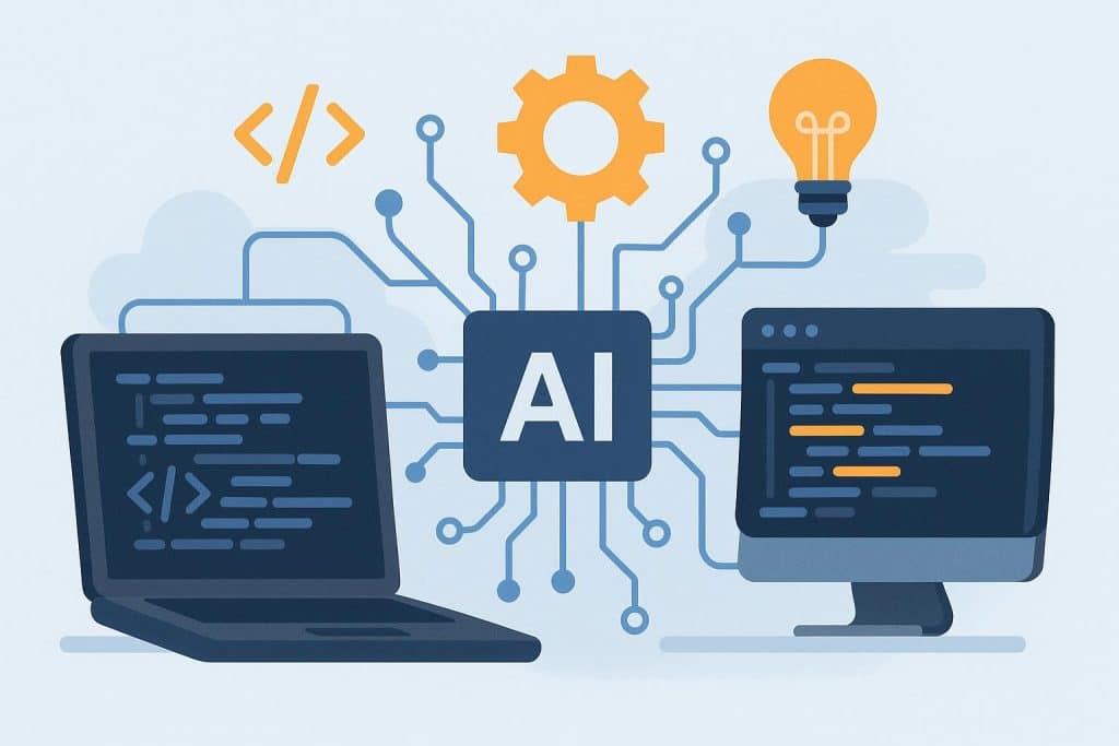 Gunnari Auvinen: Understanding Artificial Intelligence Pair Programming Abstract illustration of AI algorithms collaborating on code for pair programming concept