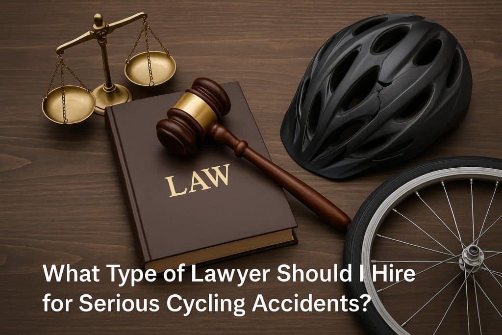 Bicycle accident scene with damaged bike and legal documents, highlighting cycling injury claims