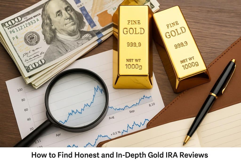 Gold IRA review analysis with gold bars, financial documents, and magnifying glass on desk