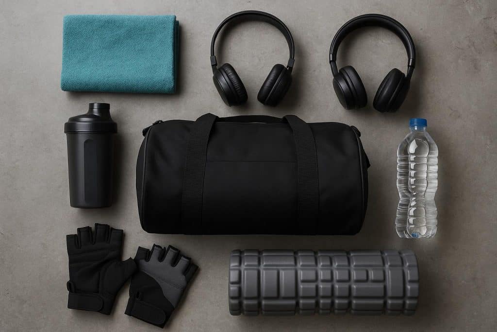 Gym bag packed with workout essentials like water bottle, towel, sneakers, and protein shaker