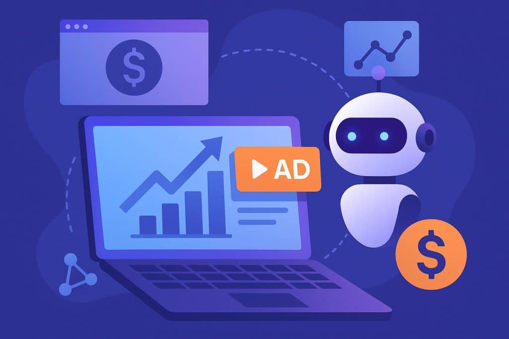 AI-driven programmatic advertising dashboard with data charts and digital marketing insights