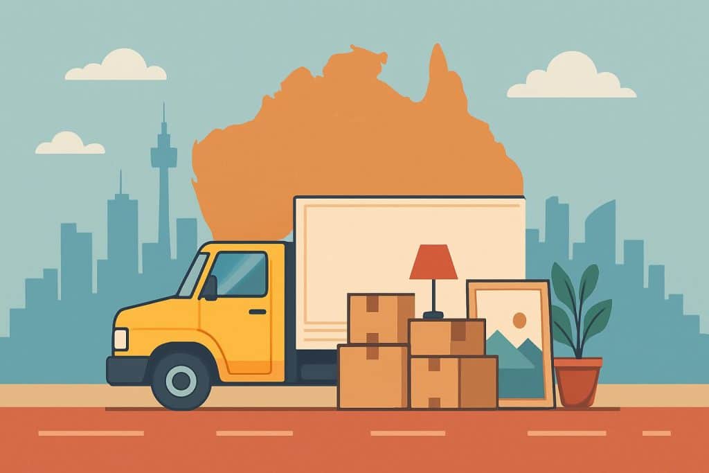 Furniture truck transporting household goods across state border in Australia for interstate moving