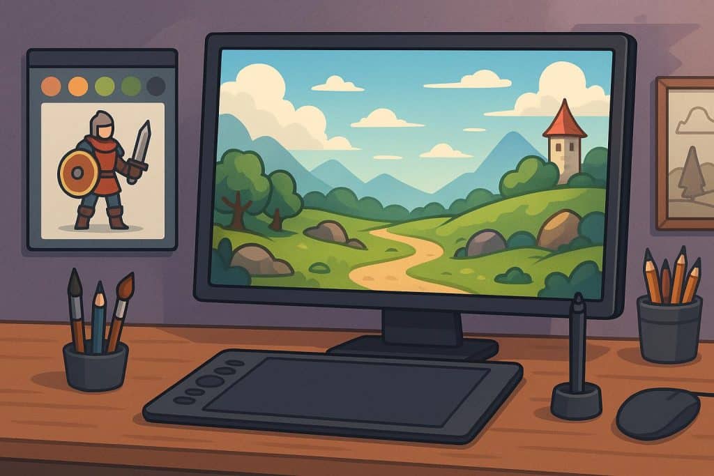 Team of 2D artists collaboratively designing vibrant game art for enhanced visual quality