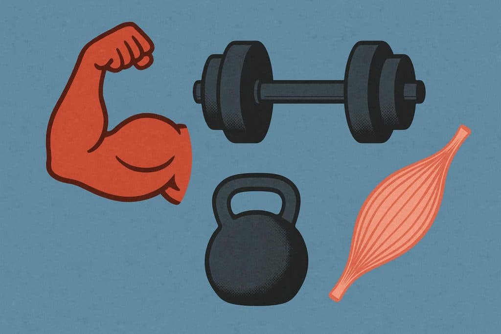 Dumbbells and protein shake on a gym bench symbolizing muscle strength after age 40