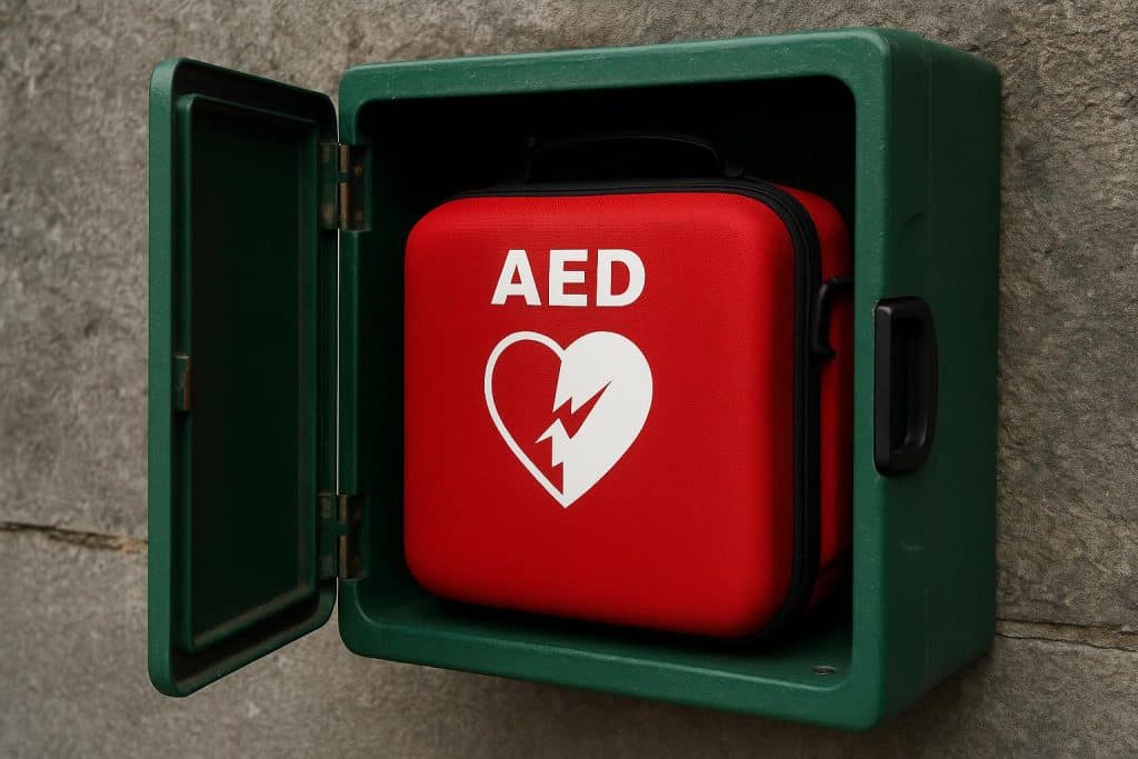 Durable outdoor AED device mounted on a public wall, emphasizing ruggedness and reliability