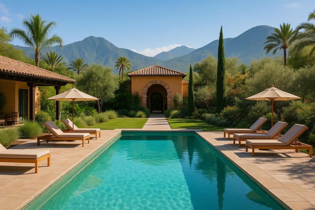 Luxury destination spa with tranquil pools and lush surroundings for ultimate relaxation and wellness