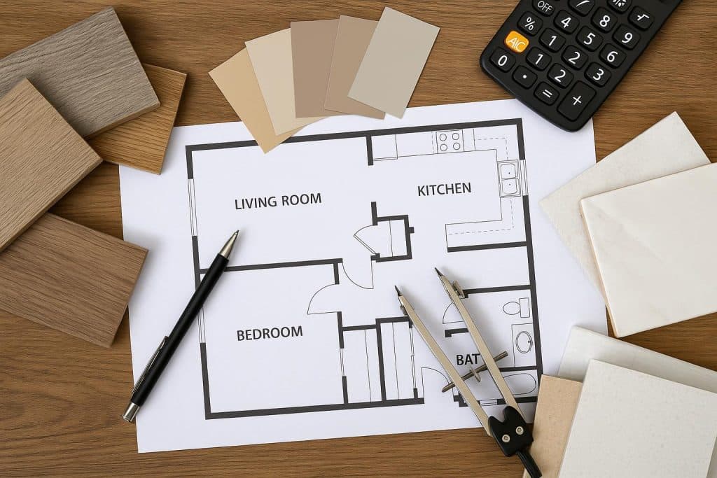 Home remodeling consultation with restoration specialists reviewing design plans and materials