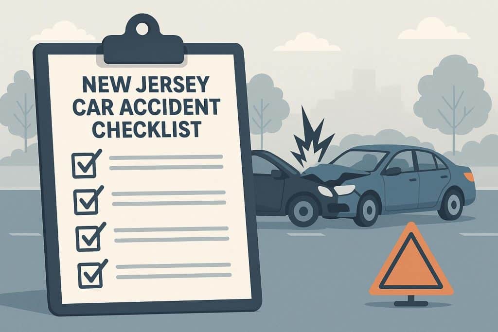 New Jersey Car Accident Checklist: Post Crash Checklist Damaged car on New Jersey road highlighting steps to take after a vehicle accident