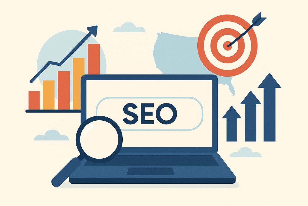 Illustration of national SEO strategy connecting multiple business locations across the United States