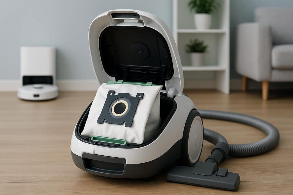 Close-up of a vacuum cleaner bag being replaced, highlighting smart home cleaning solutions