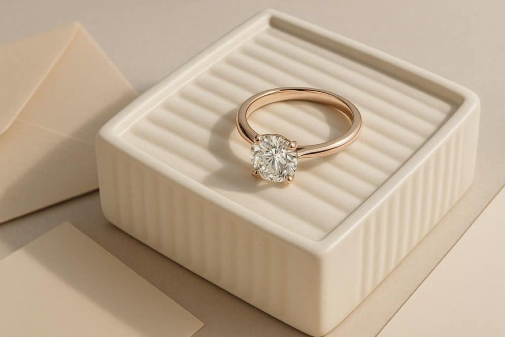 Elegant lab-grown diamond engagement ring displayed in a modern, stylish jewelry box