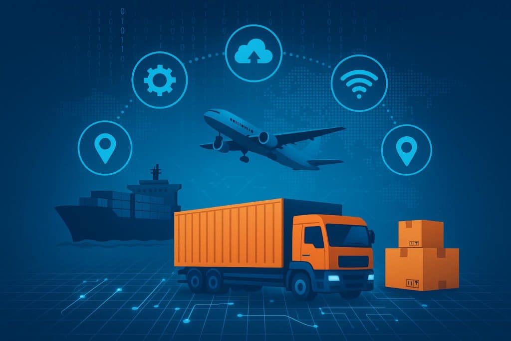 Modern logistics warehouse with automated robots and digital tracking systems in operation