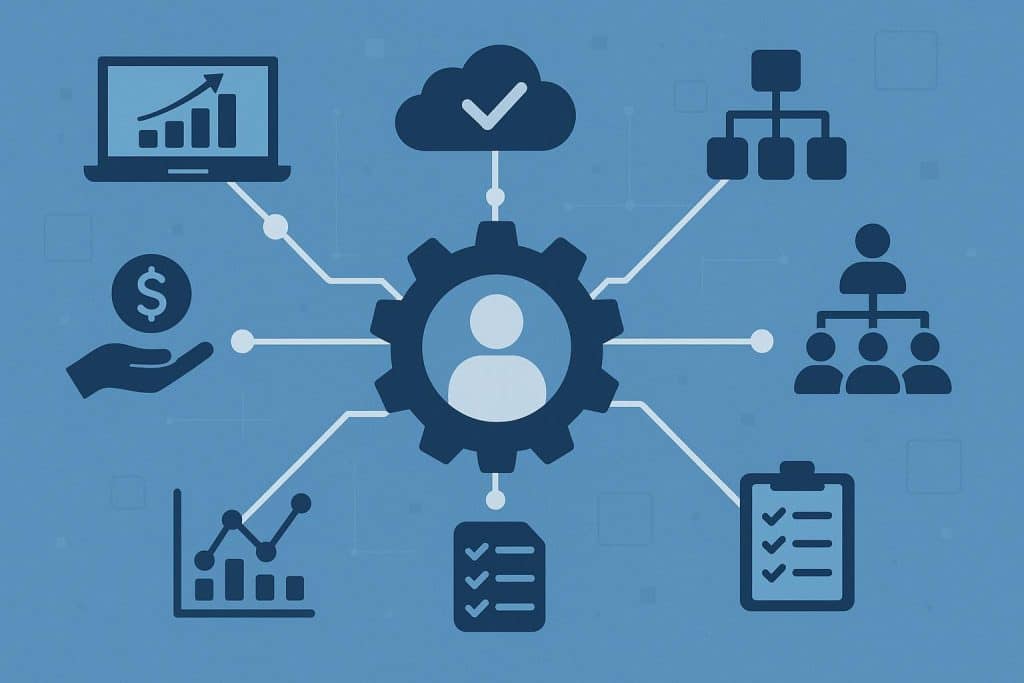 Conceptual graphic illustrating digital integration in workforce management and human capital systems