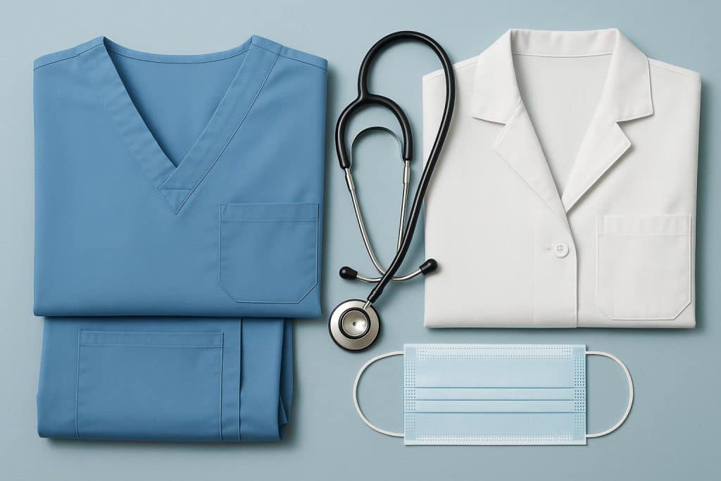 Various healthcare and medical uniforms displayed on hangers in a clinical setting
