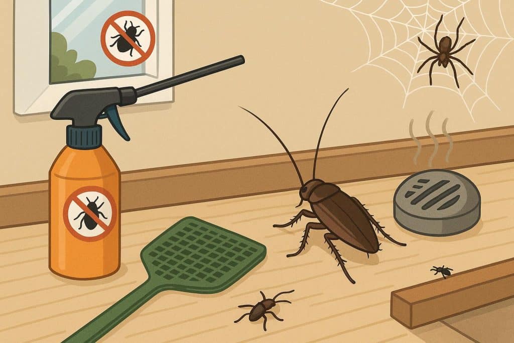 Close-up of common household bugs in a kitchen with cleaning supplies for pest control strategies