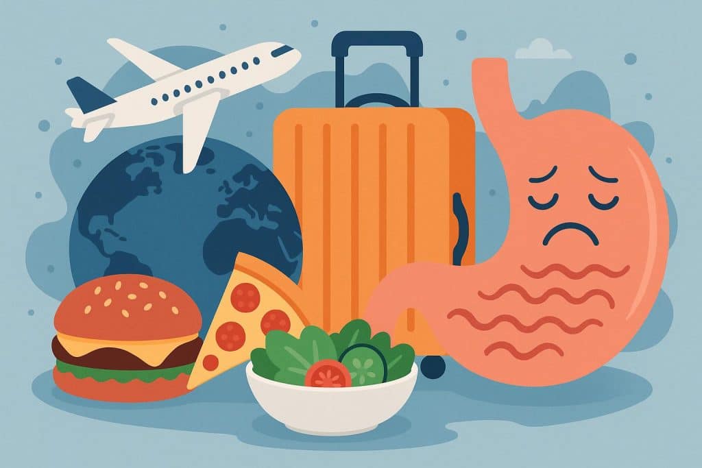 Airplane meal tray with various foods highlighting travel and diet impact on digestion