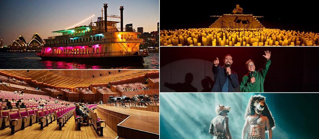 Collage of Sydney live entertainment experiences including a harbour dinner cruise, candlelight concert, theatre performance and comedy show.