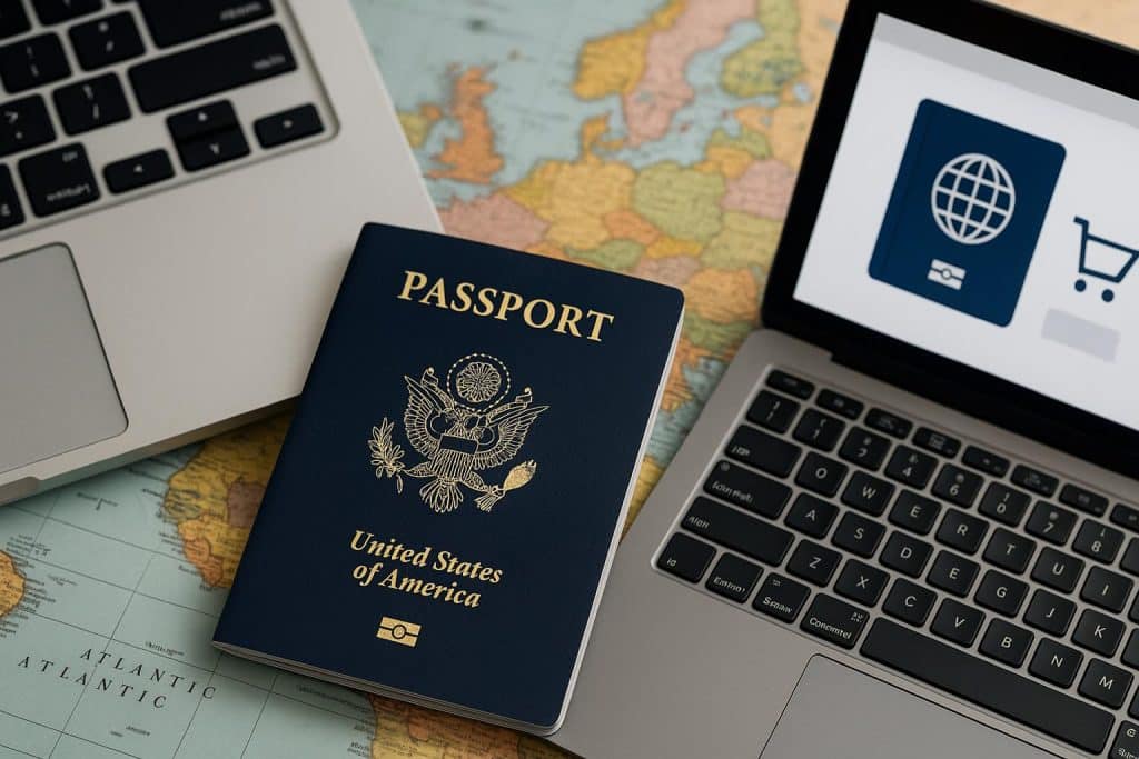 Passport, travel documents, and airline tickets arranged on a world map for global travel planning