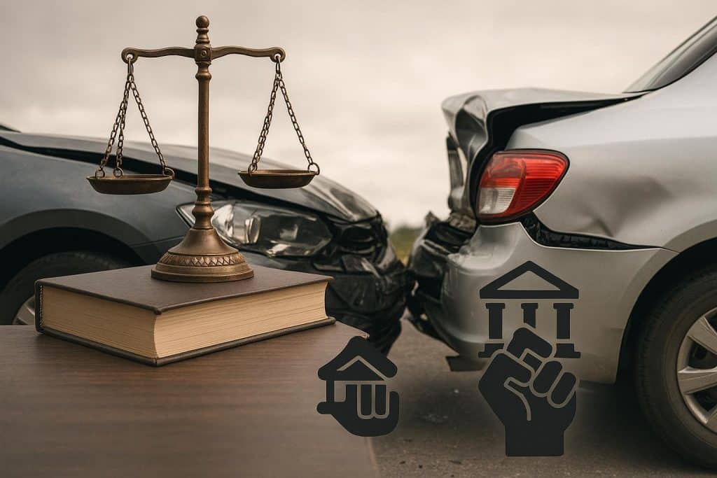 Damaged cars after a collision highlighting uninsured driver legal challenges