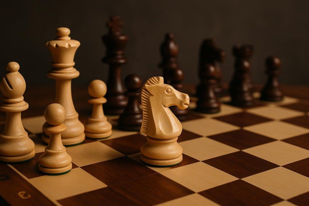 Chessboard displaying classic opening position, illustrating fundamental chess strategy concepts