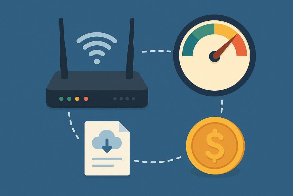 Wi-Fi router with speed and data icons representing internet plan comparison and selection