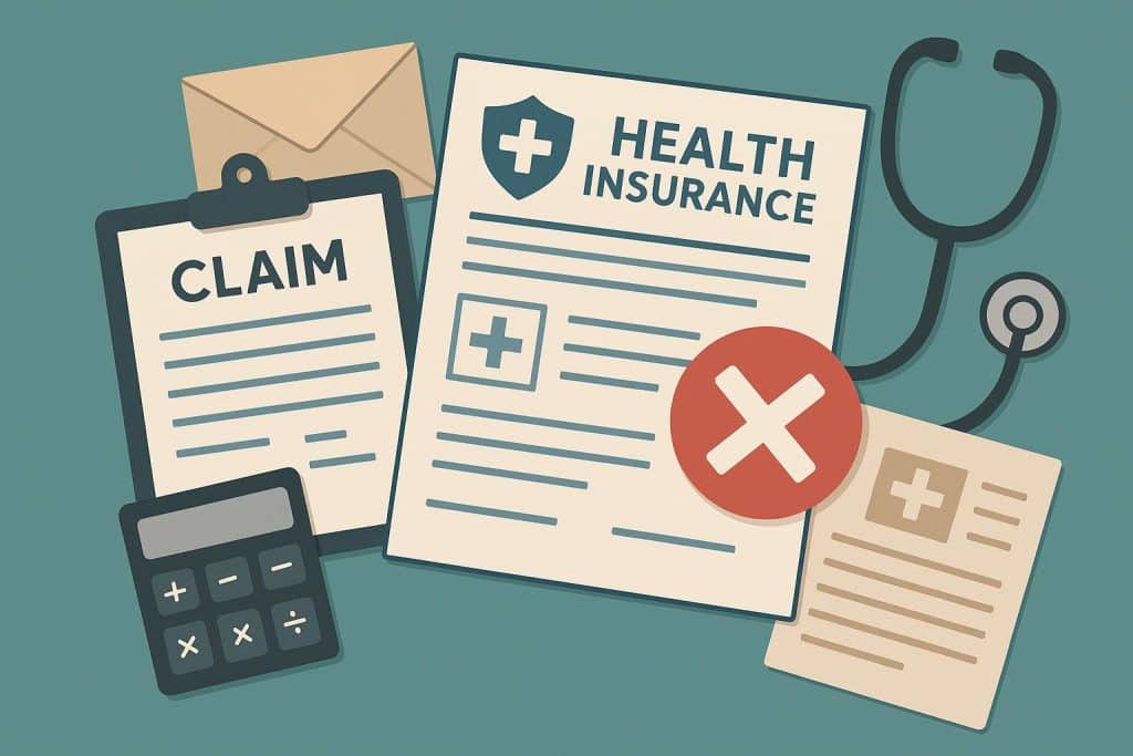 Health insurance claim form stamped 'Rejected' with documents and calculator on a desk