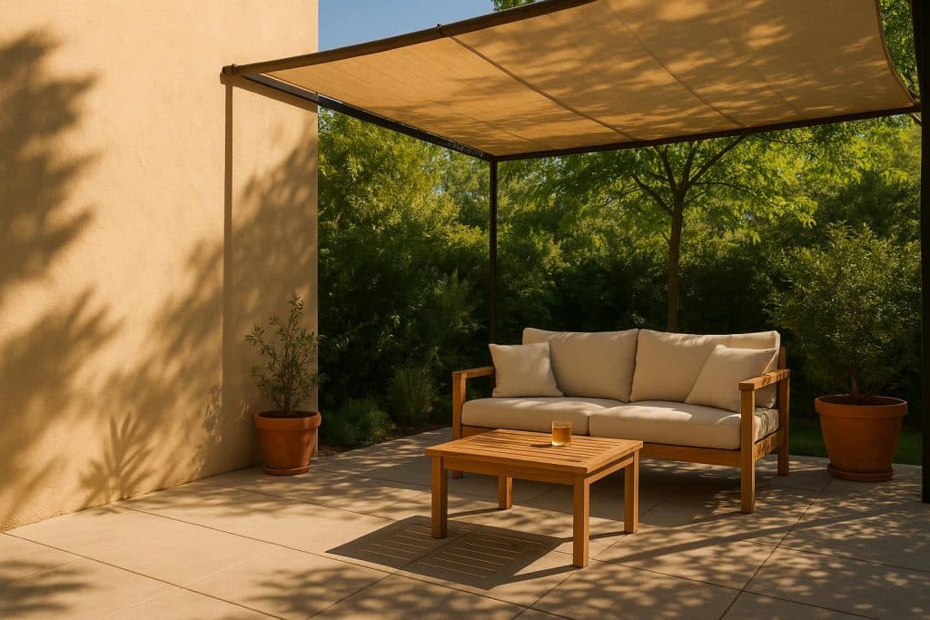 Shaded backyard patio with comfortable seating, cooling shade trees, and a relaxing atmosphere