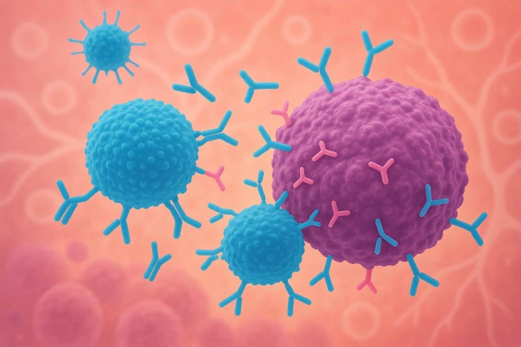 Cancer immunotherapy research with molecular structures and laboratory equipment in focus