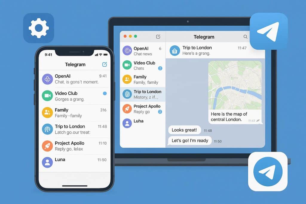 Telegram app interface displayed on smartphone and laptop, highlighting features and cross-platform use