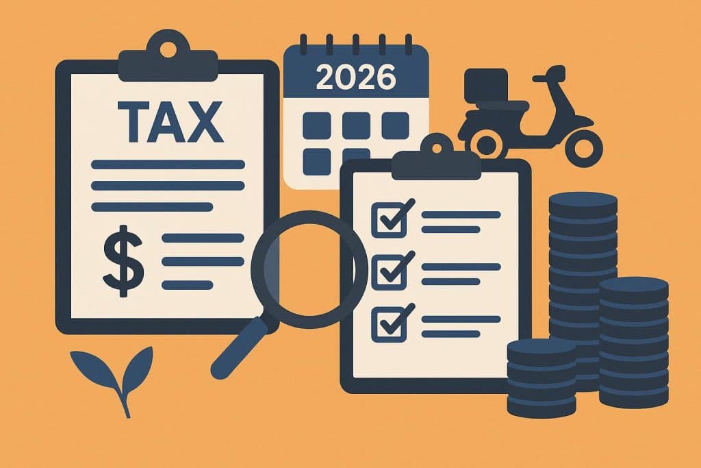 Tax forms, calculator, and laptop illustrating tax deductions for gig workers