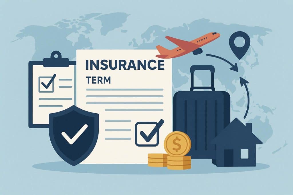 Term insurance policy documents and passport representing international relocation and coverage transition