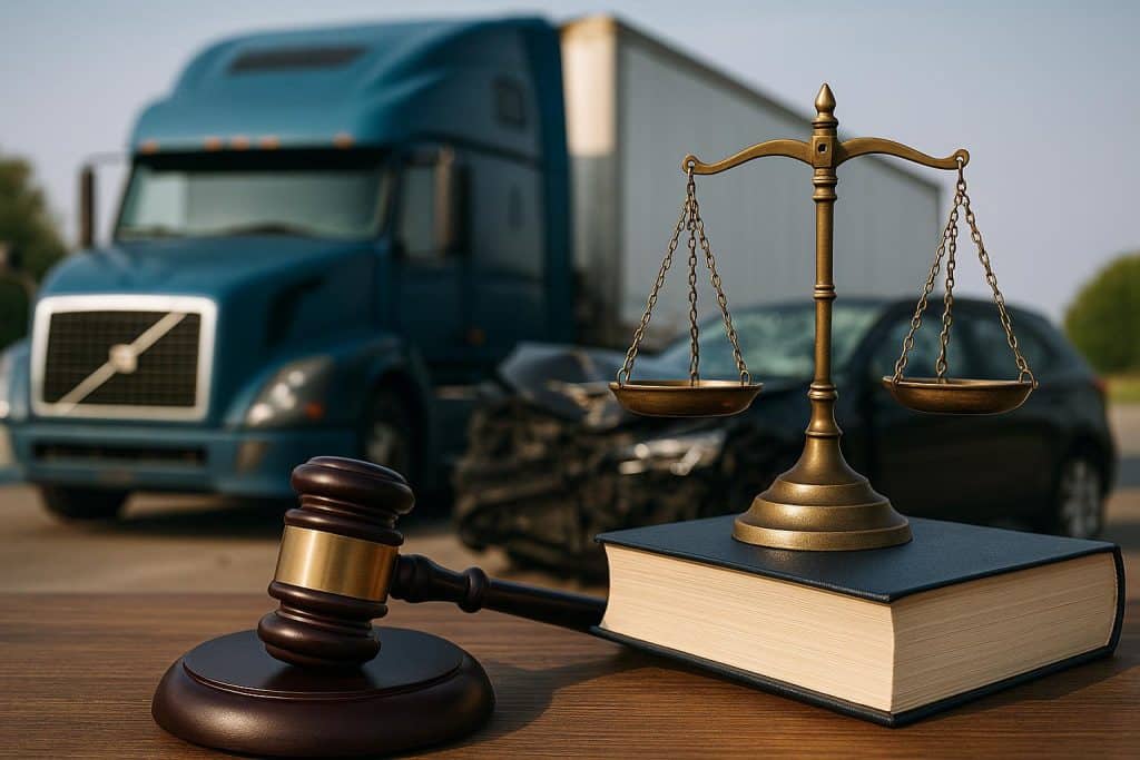 Truck accident on Durham road with legal scales symbolizing expert lawyer assistance