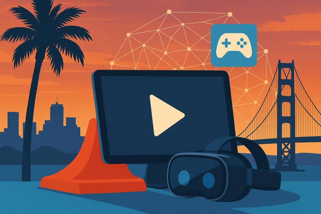 How California’s Tech Culture Is Shaping the Future of Digital Entertainment Silicon Valley skyline with digital entertainment icons illustrating California tech innovation