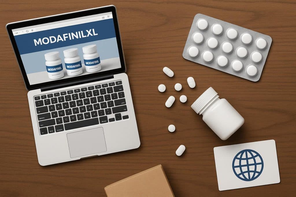 ModafinilXL online pharmacy packaging and generic modafinil products for global shipping