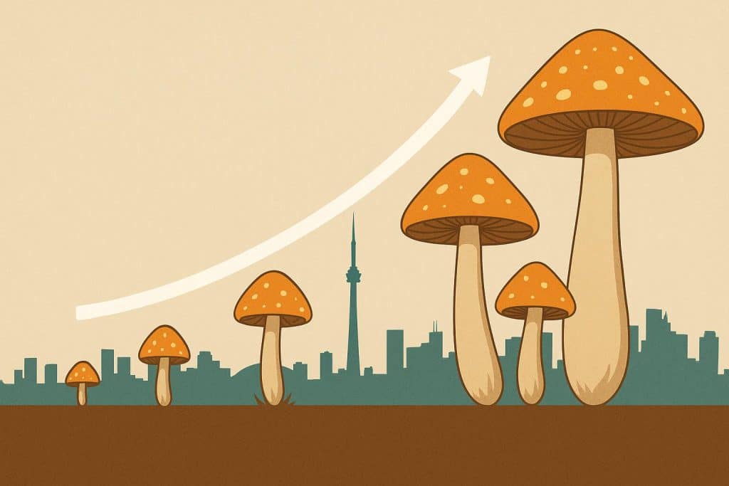 Colorful magic mushrooms displayed with Toronto skyline in background, highlighting psychedelic culture