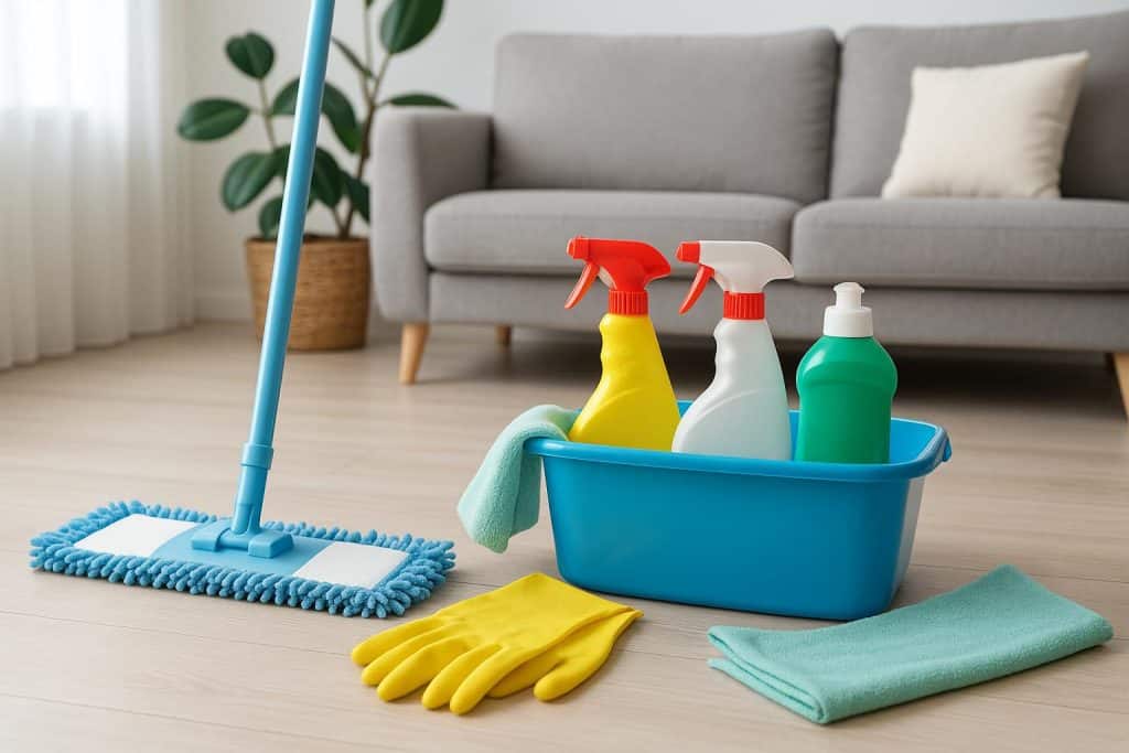 Spotless living room with organized shelves and clean surfaces promoting a healthy home environment