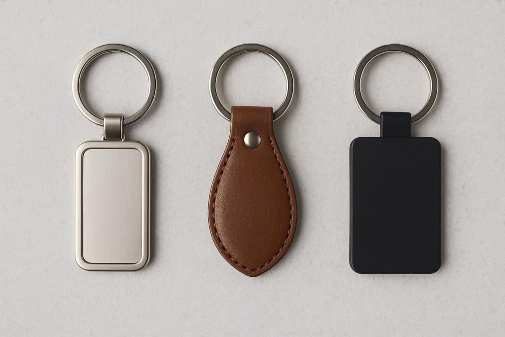 Metal, leather, and PVC keyrings displayed on a surface for business promotional use